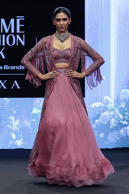 Awigna_Pink Organza, Net, Silk Denmark 3d Fleur Embroidered Jacket And Lehenga Set _Online_at_Aza_Fashions