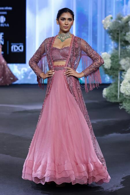 Buy_Awigna_Pink Organza, Net, Silk Denmark 3d Fleur Embroidered Jacket And Lehenga Set _Online_at_Aza_Fashions