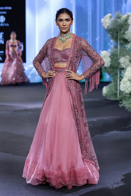 Shop_Awigna_Pink Organza, Net, Silk Denmark 3d Fleur Embroidered Jacket And Lehenga Set _Online_at_Aza_Fashions