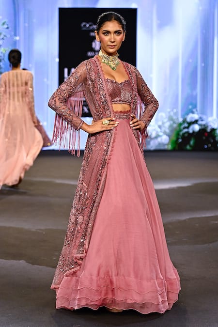Awigna_Pink Organza, Net, Silk Denmark 3d Fleur Embroidered Jacket And Lehenga Set _at_Aza_Fashions