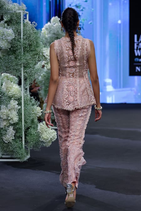 Shop_Awigna_Pink Net, Polyester, Satin Estonia 3d Gardenia Embroidered Jacket And Sharara Set _at_Aza_Fashions