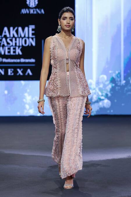 Awigna_Pink Net, Polyester, Satin Estonia 3d Gardenia Embroidered Jacket And Sharara Set _Online_at_Aza_Fashions