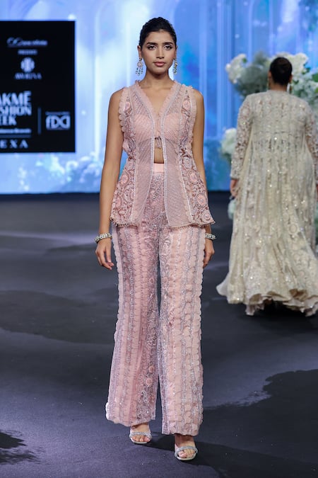 Buy_Awigna_Pink Net, Polyester, Satin Estonia 3d Gardenia Embroidered Jacket And Sharara Set _Online_at_Aza_Fashions