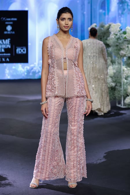 Shop_Awigna_Pink Net, Polyester, Satin Estonia 3d Gardenia Embroidered Jacket And Sharara Set _Online_at_Aza_Fashions