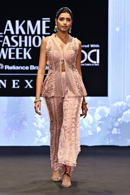 Awigna_Pink Net, Polyester, Satin Estonia 3d Gardenia Embroidered Jacket And Sharara Set _at_Aza_Fashions