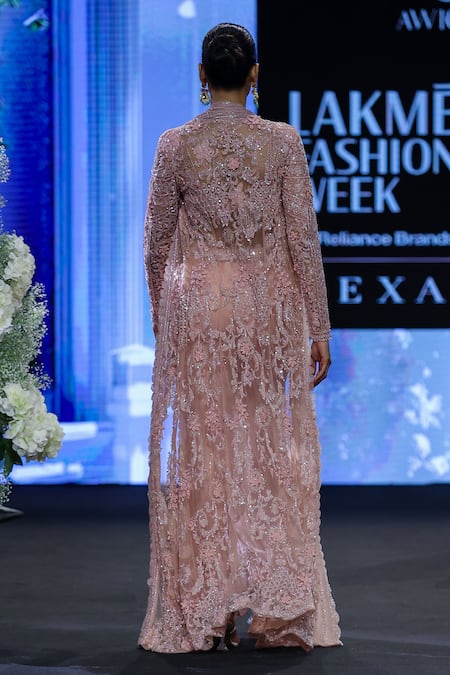 Shop_Awigna_Pink Organza, Net Beads, Sequins, France Bloom Embroidered Jacket And Sharara Set _at_Aza_Fashions