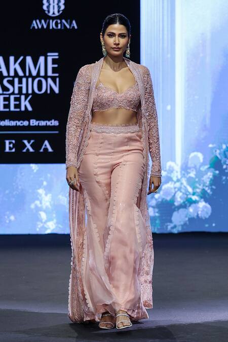 Awigna_Pink Organza, Net Beads, Sequins, France Bloom Embroidered Jacket And Sharara Set _Online_at_Aza_Fashions