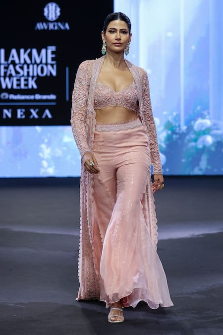 Buy_Awigna_Pink Organza, Net Beads, Sequins, France Bloom Embroidered Jacket And Sharara Set _Online_at_Aza_Fashions