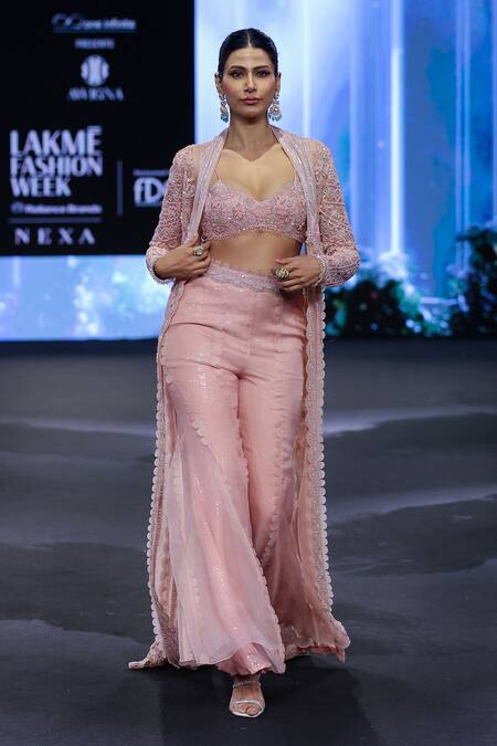 Shop_Awigna_Pink Organza, Net Beads, Sequins, France Bloom Embroidered Jacket And Sharara Set _Online_at_Aza_Fashions