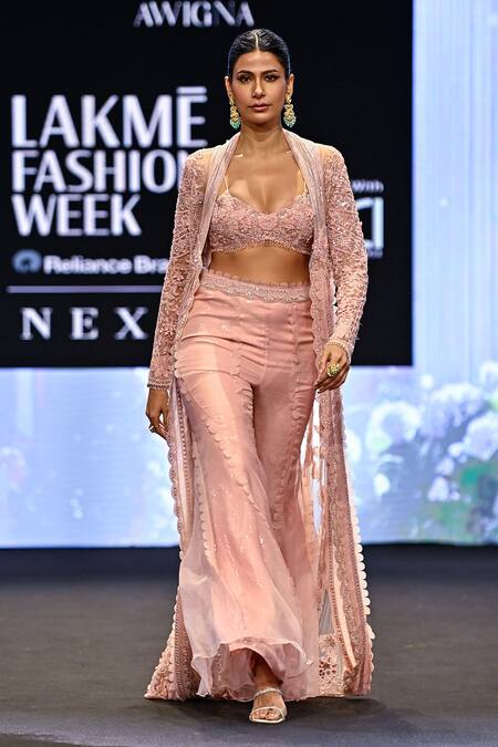 Shop_Awigna_Pink Organza, Net Beads, Sequins, France Bloom Embroidered Jacket And Sharara Set 