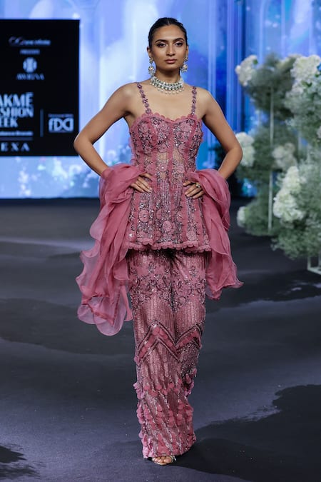 Shop_Awigna_Pink Net, Polyester Cut Work, Germany 3d Blossom Embroidered Peplum Kurti Set _at_Aza_Fashions