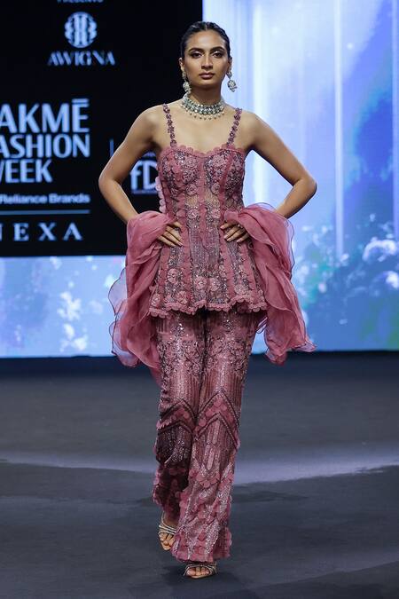 Awigna_Pink Net, Polyester Cut Work, Germany 3d Blossom Embroidered Peplum Kurti Set _Online_at_Aza_Fashions