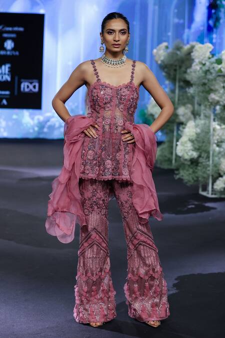 Buy_Awigna_Pink Net, Polyester Cut Work, Germany 3d Blossom Embroidered Peplum Kurti Set _Online_at_Aza_Fashions