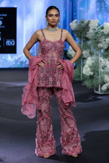 Shop_Awigna_Pink Net, Polyester Cut Work, Germany 3d Blossom Embroidered Peplum Kurti Set _Online_at_Aza_Fashions