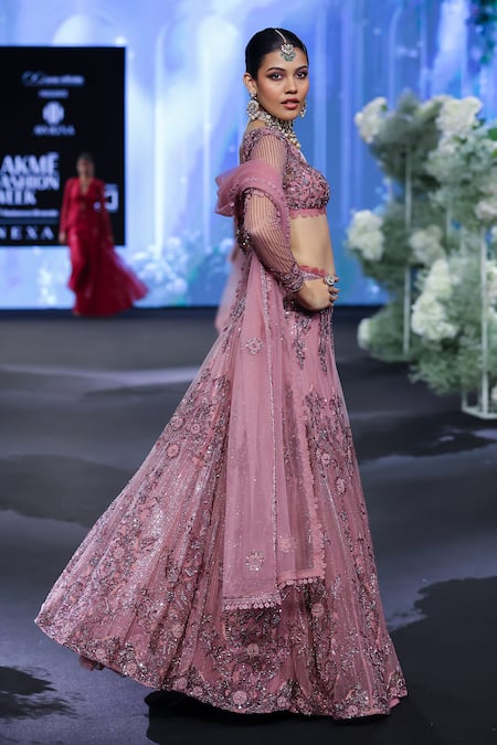 Shop_Awigna_Pink Net Sequins, Crystals, Beads, Cut Work 3d Flora Embroidered Lehenga Set _at_Aza_Fashions