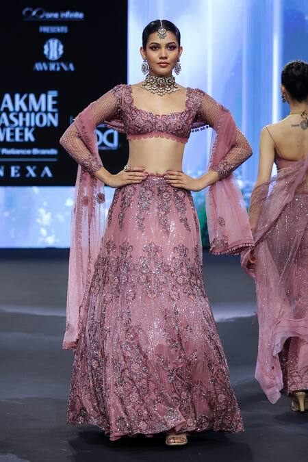 Shop_Awigna_Pink Net Sequins, Crystals, Beads, Cut Work 3d Flora Embroidered Lehenga Set _Online_at_Aza_Fashions