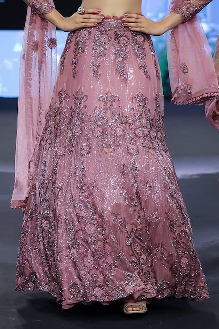 Awigna Pink Net Sequins, Crystals, Beads, Cut Work 3d Flora Embroidered Lehenga Set at Aza Fashions Awigna_Pink Net Sequins, Crystals, Beads, Cut Work 3d Flora Embroidered Lehenga Set _at_Aza_Fashions