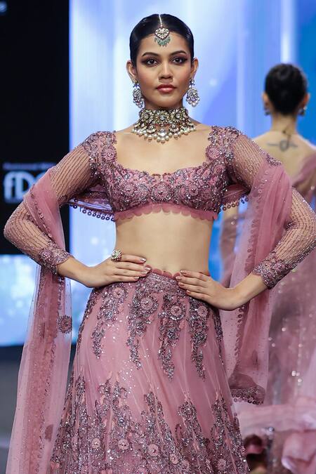 Buy Awigna Pink Net Sequins, Crystals, Beads, Cut Work 3d Flora Embroidered Lehenga Set Buy_Awigna_Pink Net Sequins, Crystals, Beads, Cut Work 3d Flora Embroidered Lehenga Set