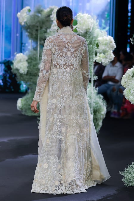 Shop_Awigna_Ivory Organza, Net Sequins, Lace Italy Fleur Embroidered Jacket And Sharara Set _at_Aza_Fashions