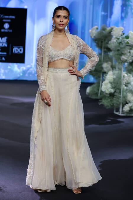 Buy_Awigna_Ivory Organza, Net Sequins, Lace Italy Fleur Embroidered Jacket And Sharara Set _Online_at_Aza_Fashions