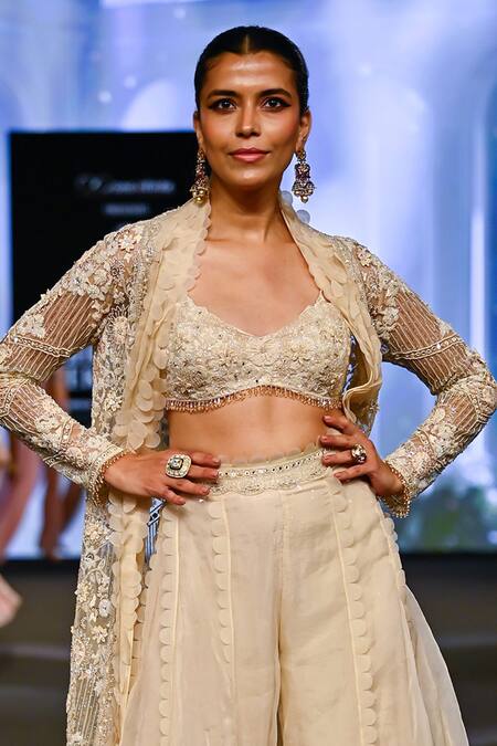 Buy Awigna Ivory Organza, Net Sequins, Lace Italy Fleur Embroidered Jacket And Sharara Set Buy_Awigna_Ivory Organza, Net Sequins, Lace Italy Fleur Embroidered Jacket And Sharara Set