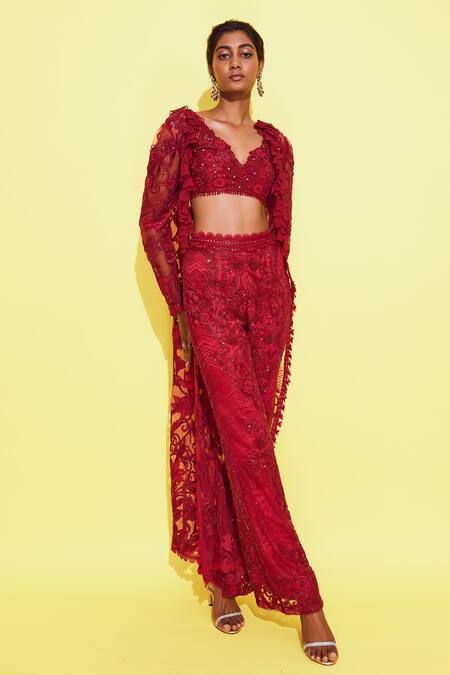 Awigna_Red Net, Polyester, Satin, Malta Paisley Bloom Embroidered Jacket And Pant Set _Online_at_Aza_Fashions