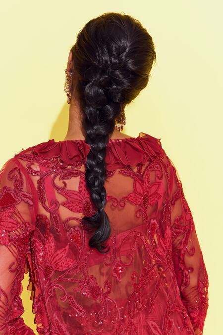 Shop_Awigna_Red Net, Polyester, Satin, Malta Paisley Bloom Embroidered Jacket And Pant Set _Online_at_Aza_Fashions