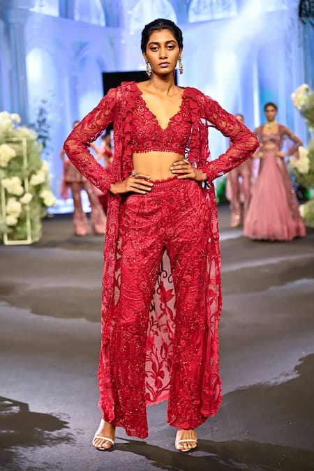 Awigna Red Net Embroidery Cutdana V Neck Malta Paisley Bloom Jacket And Pant Set 