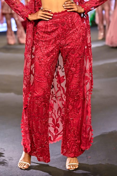 Awigna_Red Net, Polyester, Satin, Malta Paisley Bloom Embroidered Jacket And Pant Set _at_Aza_Fashions