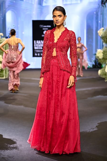 Awigna Red Net Embroidery Cutdana V Neck Monaco Love Dusk Peplum Jacket And Lehenga 