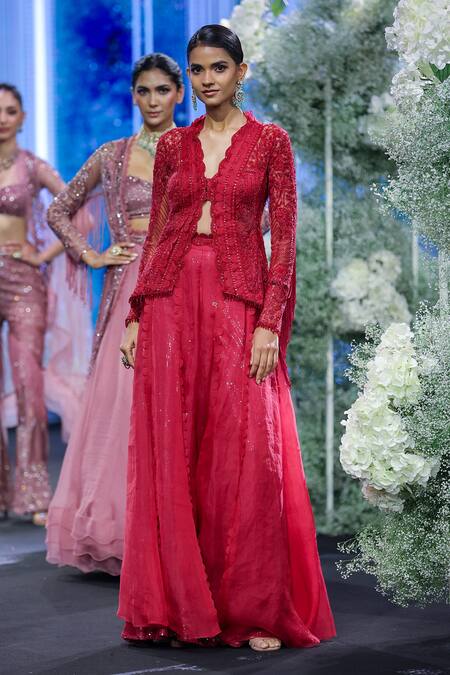 Awigna Red Net Embroidery Cutdana V Neck Monaco Love Dusk Peplum Jacket And Lehenga  2