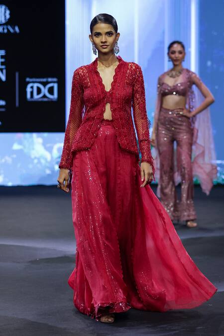 Awigna Red Net Embroidery Cutdana V Neck Monaco Love Dusk Peplum Jacket And Lehenga  3