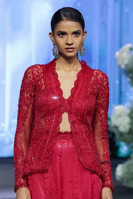 Awigna Red Net Embroidery Cutdana V Neck Monaco Love Dusk Peplum Jacket And Lehenga  4