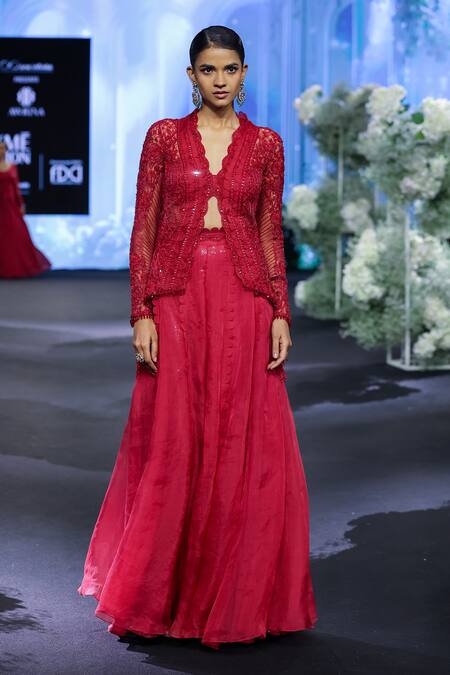 Awigna Red Net Embroidery Cutdana V Neck Monaco Love Dusk Peplum Jacket And Lehenga  6