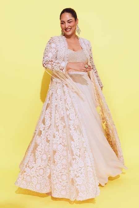 Awigna_Ivory Satin, Net, Silk Sequins, Poland Daisy Embroidered Jacket And Lehenga Set _Online_at_Aza_Fashions