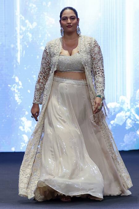 Buy_Awigna_Ivory Satin, Net, Silk Sequins, Poland Daisy Embroidered Jacket And Lehenga Set _Online_at_Aza_Fashions