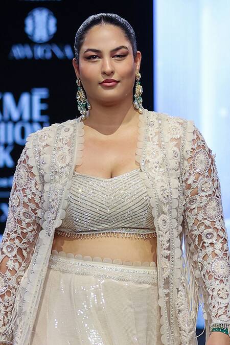 Shop_Awigna_Ivory Satin, Net, Silk Sequins, Poland Daisy Embroidered Jacket And Lehenga Set _Online_at_Aza_Fashions