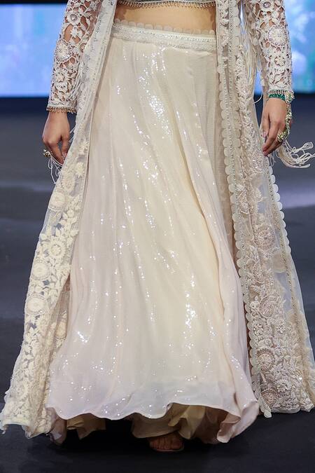 Awigna_Ivory Satin, Net, Silk Sequins, Poland Daisy Embroidered Jacket And Lehenga Set _at_Aza_Fashions