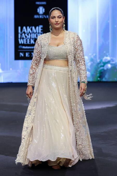 Buy_Awigna_Ivory Satin, Net, Silk Sequins, Poland Daisy Embroidered Jacket And Lehenga Set 