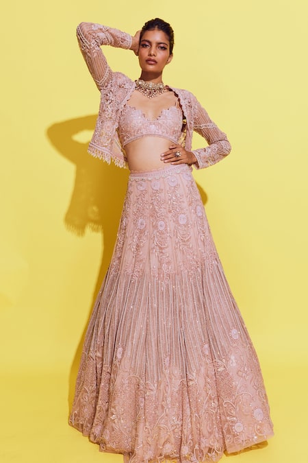 Awigna Pink Net, Chiffon, Silk Sequins, Crystals, Romania Petunia Jacket And Lehenga Set Online at Aza Fashions Awigna_Pink Net, Chiffon, Silk Sequins, Crystals, Romania Petunia Jacket And Lehenga Set _Online_at_Aza_Fashions