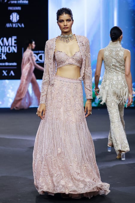 Shop_Awigna_Pink Net, Chiffon, Silk Sequins, Crystals, Romania Petunia Jacket And Lehenga Set _Online_at_Aza_Fashions
