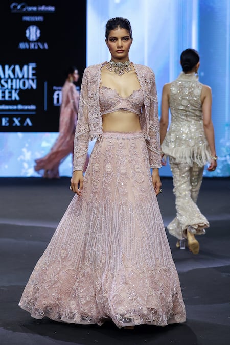 Awigna_Pink Net, Chiffon, Silk Sequins, Crystals, Romania Petunia Jacket And Lehenga Set _at_Aza_Fashions
