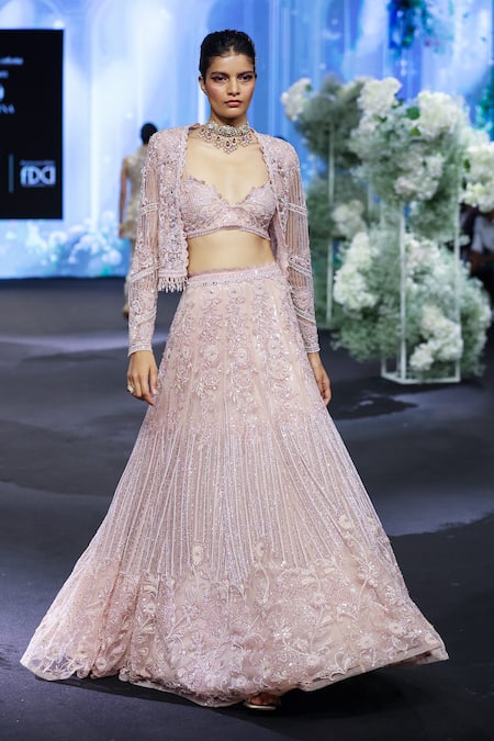 Buy_Awigna_Pink Net, Chiffon, Silk Sequins, Crystals, Romania Petunia Jacket And Lehenga Set 
