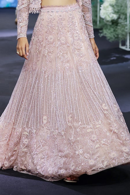 Shop Awigna Pink Net, Chiffon, Silk Sequins, Crystals, Romania Petunia Jacket And Lehenga Set Shop_Awigna_Pink Net, Chiffon, Silk Sequins, Crystals, Romania Petunia Jacket And Lehenga Set