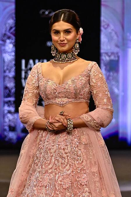 Awigna_Pink Net, Silk, Satin Beads, Sequins, Slovenia Ambrosia Embroidered Lehenga Set _Online_at_Aza_Fashions