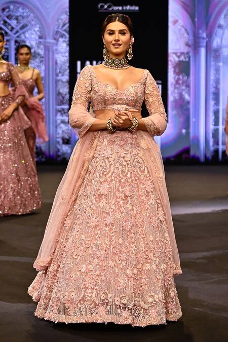 Shop_Awigna_Pink Net, Silk, Satin Beads, Sequins, Slovenia Ambrosia Embroidered Lehenga Set _Online_at_Aza_Fashions