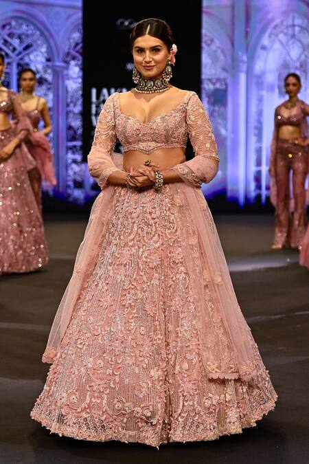 Awigna_Pink Net, Silk, Satin Beads, Sequins, Slovenia Ambrosia Embroidered Lehenga Set _at_Aza_Fashions
