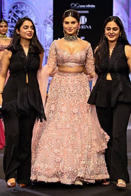 Shop_Awigna_Pink Net, Silk, Satin Beads, Sequins, Slovenia Ambrosia Embroidered Lehenga Set 