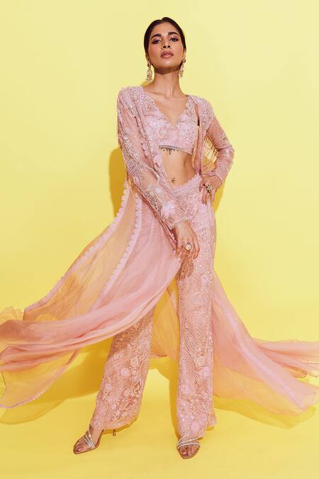 Awigna Pink Organza, Net, Satin Sequins, Beads Spain Glory Embroidered Cape And Pant Set Online at Aza Fashions Awigna_Pink Organza, Net, Satin Sequins, Beads Spain Glory Embroidered Cape And Pant Set _Online_at_Aza_Fashions