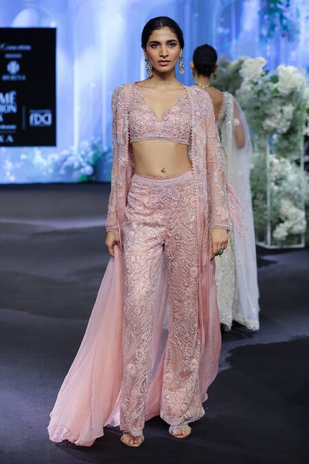 Buy_Awigna_Pink Organza, Net, Satin Sequins, Beads Spain Glory Embroidered Cape And Pant Set 